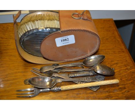 Pair of silver mounted brushes and comb in leather case together with a small quantity of various silver flatware