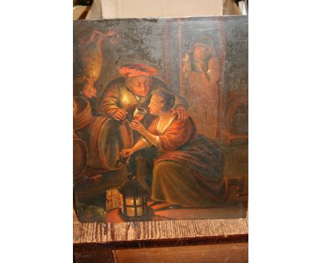 19th Century Dutch school oil on metal panel, figures in a candlelit wine cellar, unframed, 11.5ins x 9.5ins