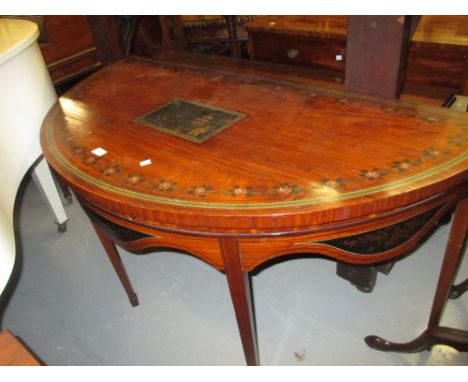 19th Century satinwood half round side table in Sheraton style, the top having painted chinoiserie panel within a border of f