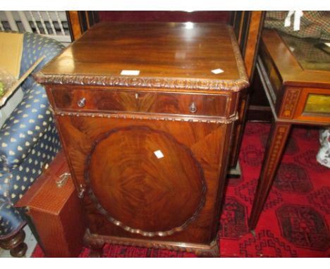 Unusual early 20th Century Maple & Company mahogany pedestal smokers cabinet with a carved moulded top above a single drawer 