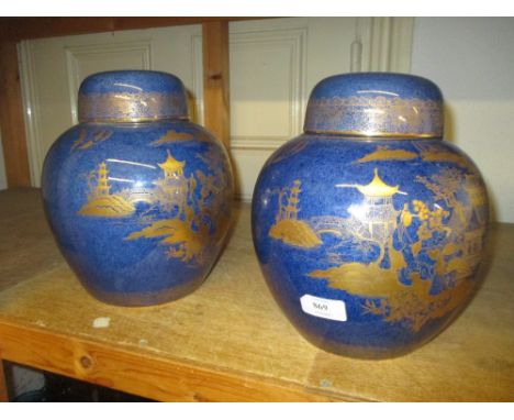 Large Carltonware (W & R mark) ginger jar and cover decorated with chinoiserie scenes in gilt on a mottled blue ground, toget