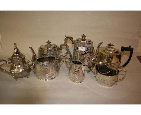 Silver plated Walker and Hall foliate engraved four piece tea service together with another plated three piece tea service an