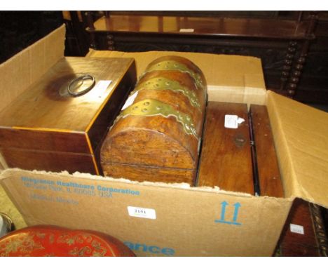 Victorian walnut brass bound stationery box (a/f), a Georgian mahogany tea caddy and a quantity of other boxes