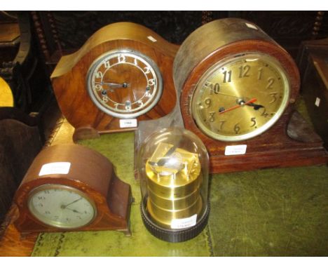 Three various wooden mantel clocks and a Barigo barometer / thermometer