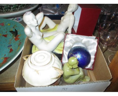 Pair of pottery bookends in the form of reclining nude females, 1920's onyx dish mounted with a figure of a seated lady, a gl