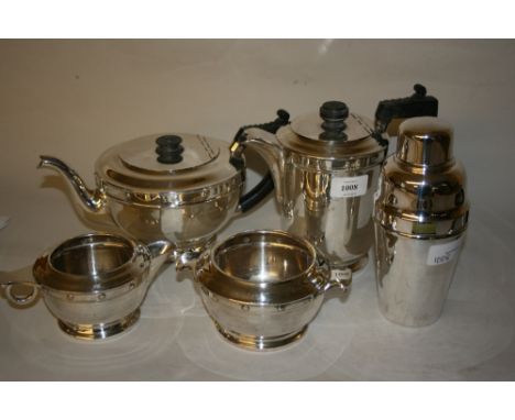 Good quality Art Deco silver plated four piece tea service together with a silver plated cocktail shaker