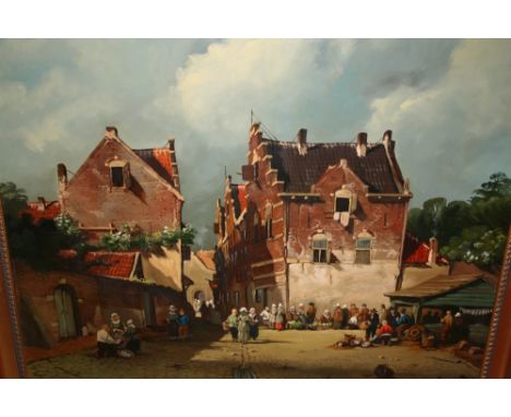Jan Beekhout, 20th Century Dutch school, oil on panel, figures in a street scene, signed, 19.5ins x 23.5ins, gilt framed