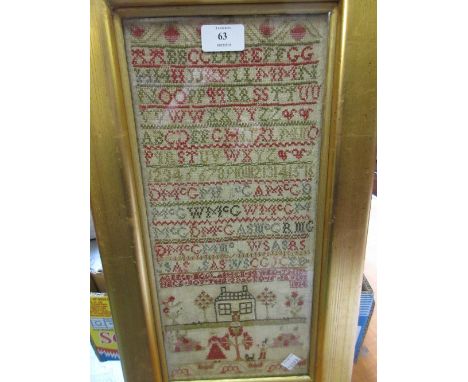 19th Century pictorial and alphabetical sampler dated 1834, 16ins x 7ins