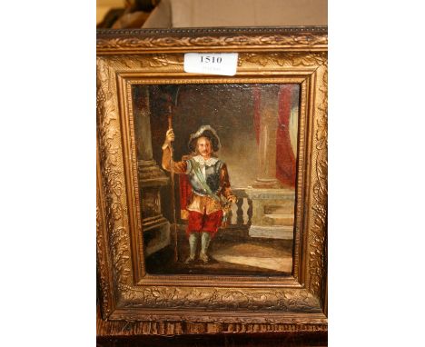 Pair of 19th Century oils, portrait of a Cromwellian soldier and a lady in an interior