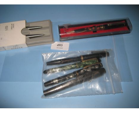Group of four various vintage fountain pens with 14ct gold nibs, lacquer cased ballpoint pen and a boxed steel cased Parker t