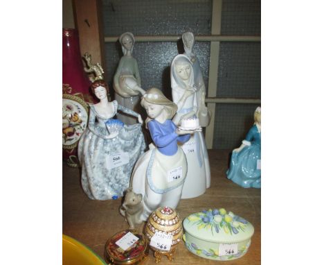 Coalport figure of a lady together with two Nao figures and two other figures and three various trinket boxes