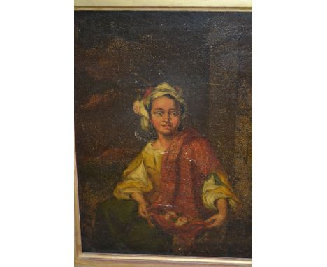 19th Century oil on slate, portrait of a seated figure wearing a red cape, unsigned, 9.5ins x 7.5ins, housed in a contemporar