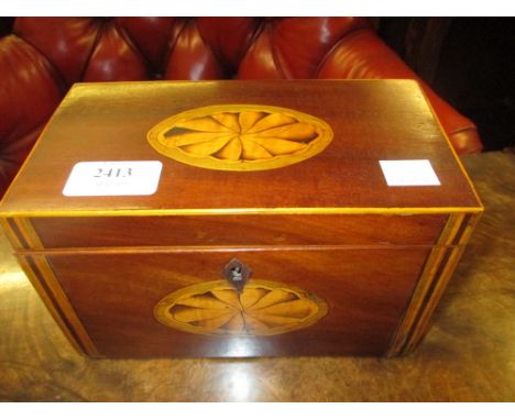19th Century mahogany boxwood line and shell inlaid two division tea caddy