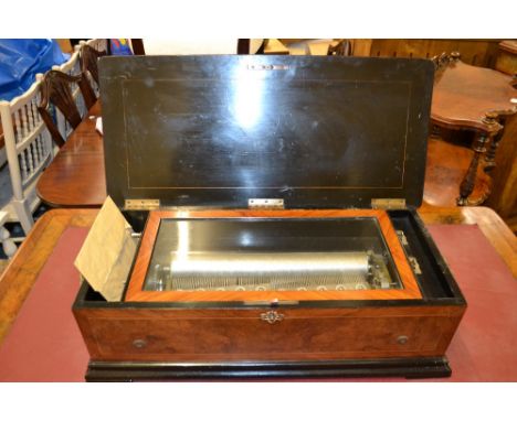 Large 19th Century Swiss rosewood marquetry inlaid musical box, the 15ins cylinder playing four airs (one comb a/f)