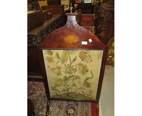 Edwardian mahogany inlaid firescreen with floral needlework insert