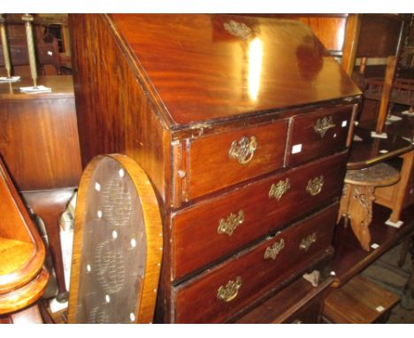 19th Century mahogany bureau, the fall front enclosing fitted interior above two short and two long drawers, raised on bracke