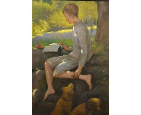 Modern British school, oil on canvas, portrait of a boy seated beneath a tree reading a book, two dogs at his feet, 30ins x 2