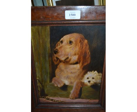 Oil painting on print base, portrait of two dogs at a kennel door, 10.5ins x 8ins