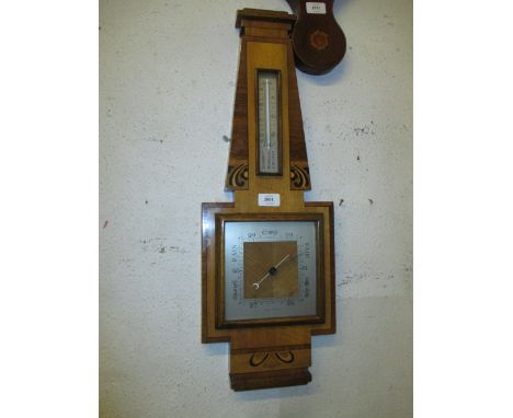 Good quality Art Deco walnut mahogany and inlaid aneroid barometer / thermometer