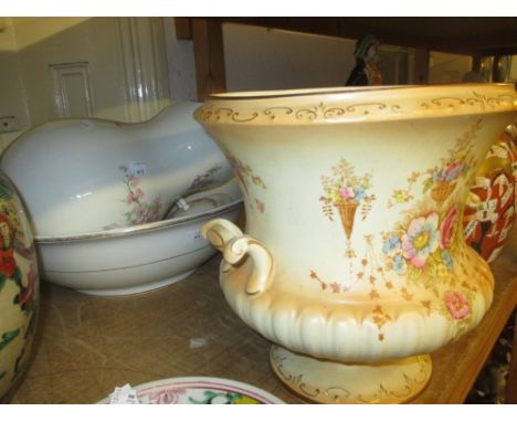 Pottery jug and basin set together with a large Crown Devon Fieldings pottery jardiniere