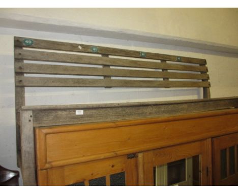 Teak slatted bench, formerly used at Wimbledon Tennis Club, Court One