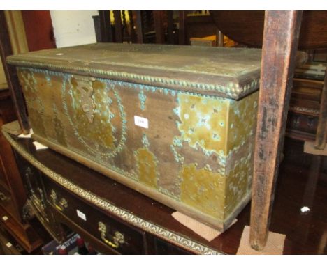 Small Indian brass studded trunk with hinged cover and candle box (a/f)