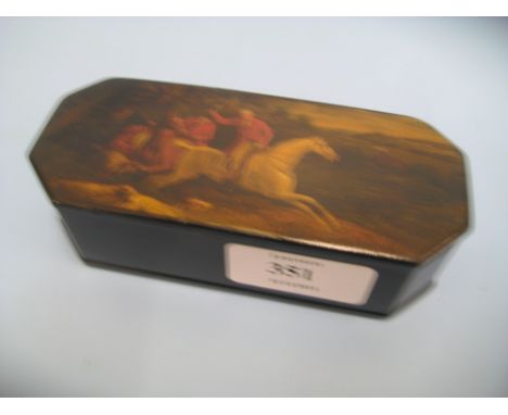 19th Century octagonal papier mache snuff box, the cover painted with a hunting scene