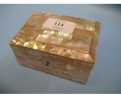Small 19th Century mother of pearl trinket box, the hinged cover enclosing a blue satin lined interior