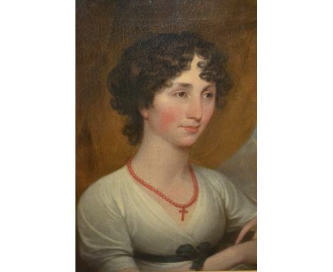 19th Century English school, half length portrait of a seated lady wearing a coral necklace, 24ins x 18ins, in a swept gilt f