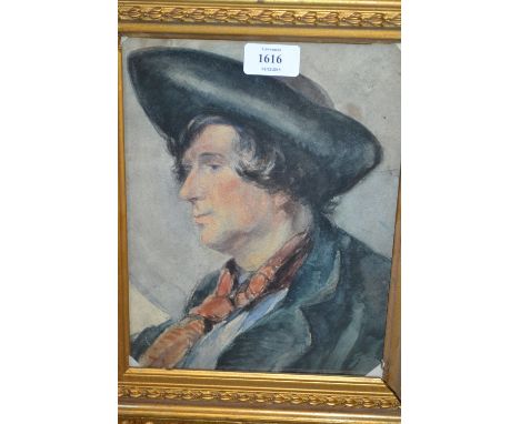 Early 19th Century gilt framed watercolour, portrait of an 18th Century gentleman with tricorn hat, 10ins x 8ins