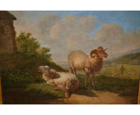 18th Century Dutch school, oil on panel, study of two sheep in a landscape, 11ins x 12ins, gilt framed