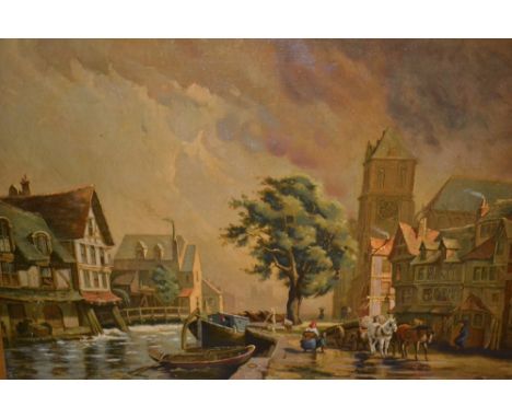 J. Van Couver, oil on canvas, Dutch canal scene with figures, logging wagon and buildings on a quayside, signed, 22ins x 30in