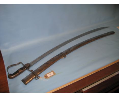 19th Century sabre with steel hilt and scabbard, 32in blade