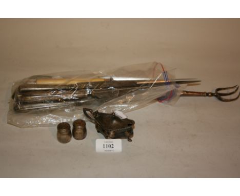 19th Century toasting fork, three silver condiments together with a quantity of silver mounted knives