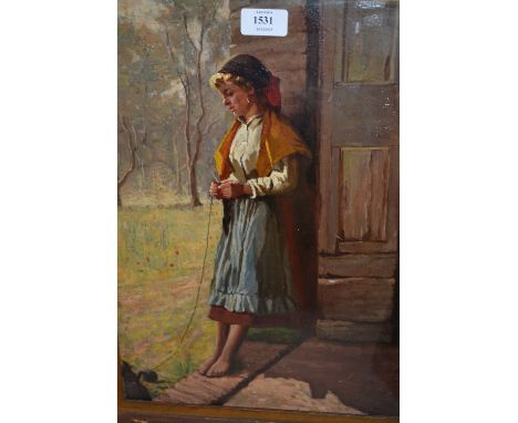 20th Century Continental school, pair of oil paintings on board, portrait of a girl knitting in a doorway and study of two fi