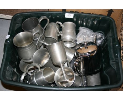Quantity of 19th and 20th Century pewter tankards and a polished steel tea service
