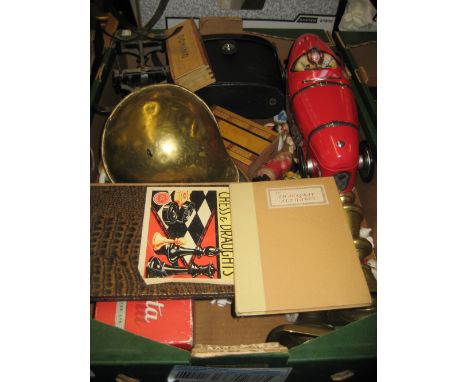 Cased pair of binoculars, pair of kitchen scales, pair of brass candlesticks and other miscellaneous items