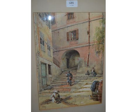 E. Hobday, signed watercolour, continental street with figures and children playing, 14ins x 9.5ins