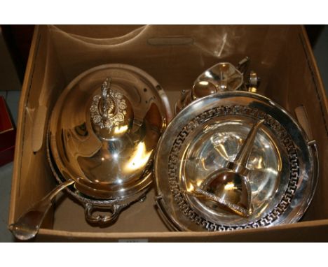 Silver plated tureen cover and ladle, a three piece plated tea set and other miscellaneous plated items including: cocktail s