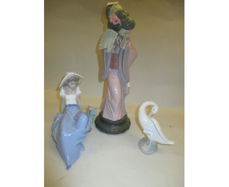Lladro figure of a geisha, a Nao figure of a reclining girl and a Lladro figure of a goose