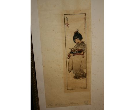 Helen Hyde, signed woodcut print, portrait of an oriental child, entitled ' The Happyness Flower '