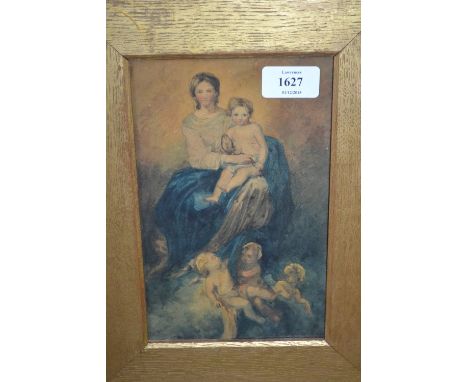Early 19th Century watercolour, portrait of the Madonna and child with putti to the foreground, 8.5ins x 5ins