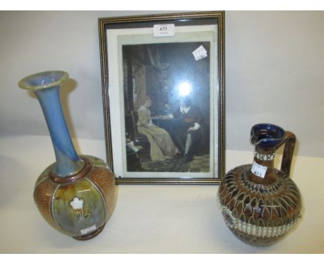 Two Royal Doulton stoneware vases together with a framed porcelain overpainted plaque of two figures playing chess
