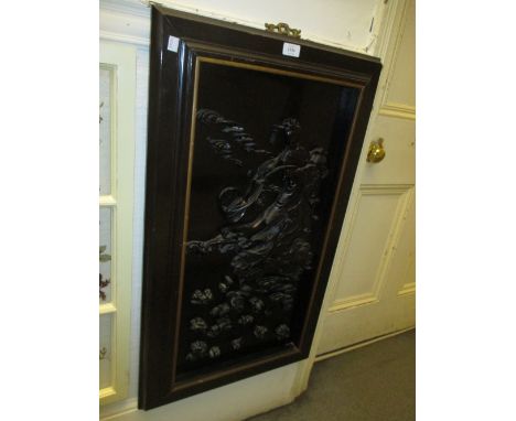 Mid 20th Century oriental black lacquered panel relief moulded with a girl