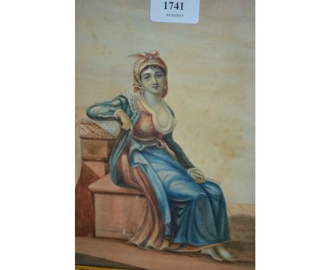 19th Century watercolour, portrait of a seated lady holding a fan wearing a pink head scarf, 10ins x 7ins, in a swept gilt fr