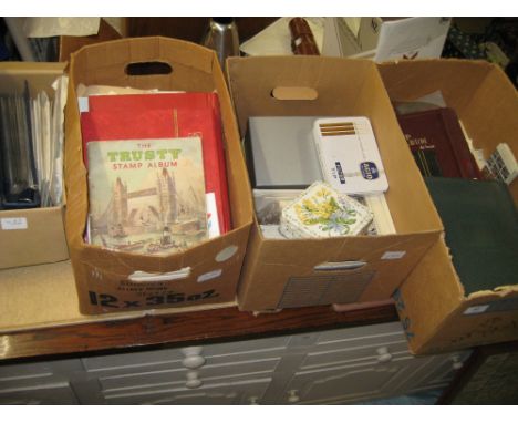 Four boxes containing collection of stamps in albums, stock books and loose, including First Day covers