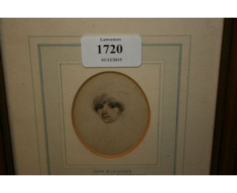 Small 18th / 19th Century watercolour portrait miniature of Mrs Siddons, attributed to Edmund Scott, bearing label verso for 