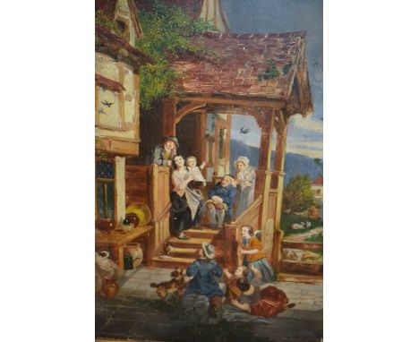 19th Century continental oil on oak panel, family before a timber framed building, 15.5ins x 10.5ins, gilt framed