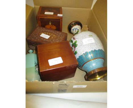 Small Georgian mahogany shell inlaid tea caddy, a mahogany music box (a/f), a sandalwood stationery box (a/f) and two cloison