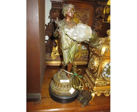 Dark patinated spelter figural lamp in the form of a boy musician